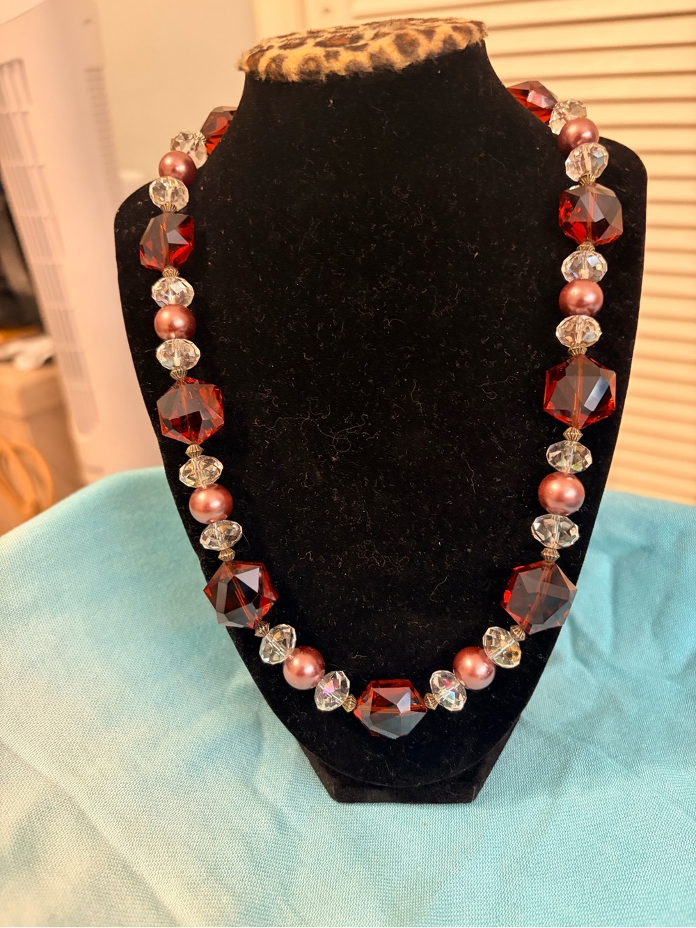 Burgundy Crystal and Pearl Statement Necklace - Unbranded